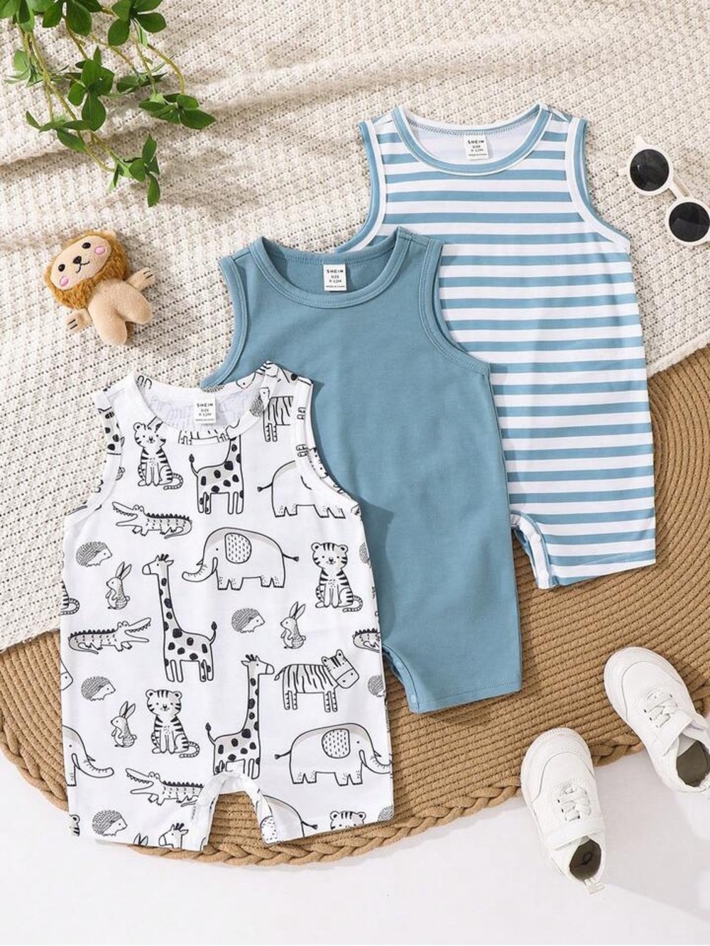 Kids Sleeveless Cotton Romper 3 Pack - Blue, White Animal Print